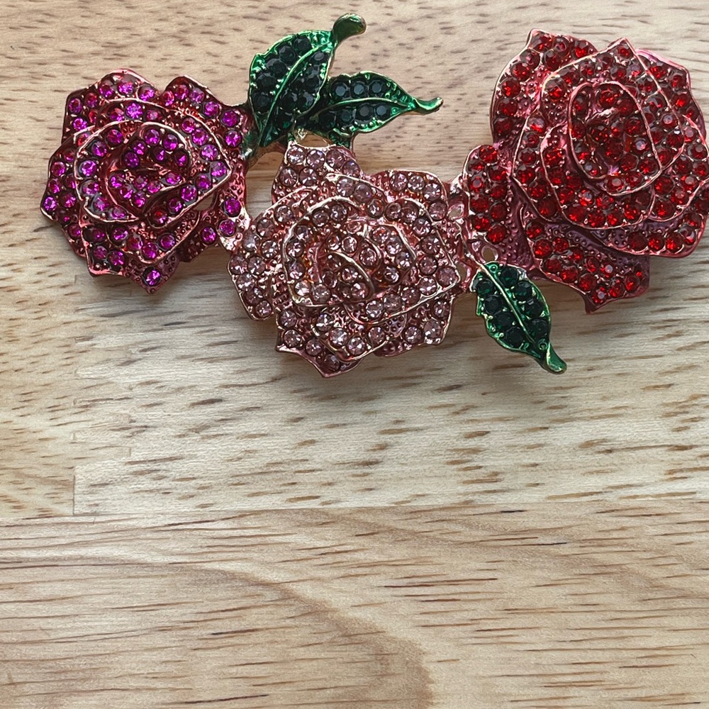 Roses Brooch with Red, Pink, and Green Crystals